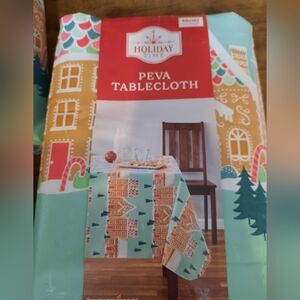 Holiday Time Gingerbread House Tablecloth - Teal and Orange 8 Total